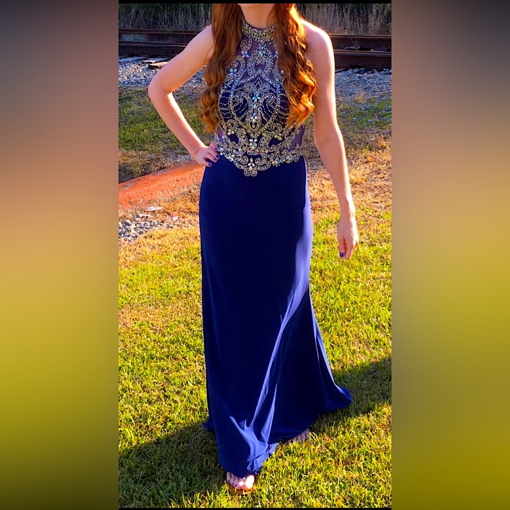 Elegant Blue Embellished Evening Gown